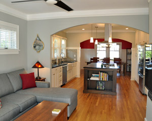 living room blends into kitchen space