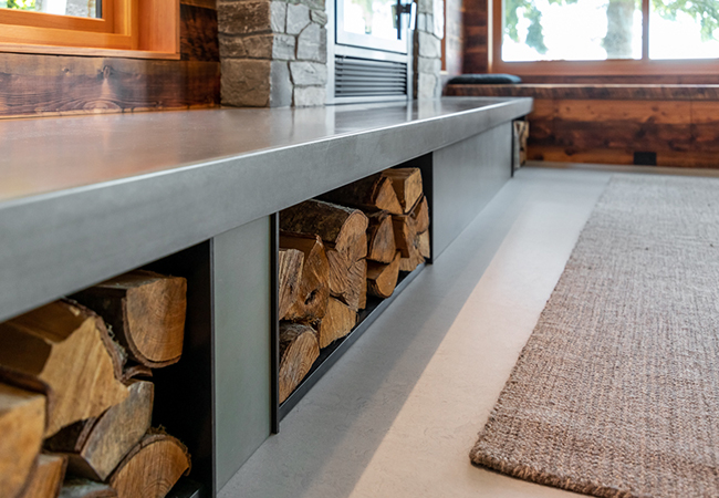 closeup of fireplace storage