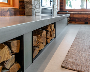 closeup of fireplace wood storage